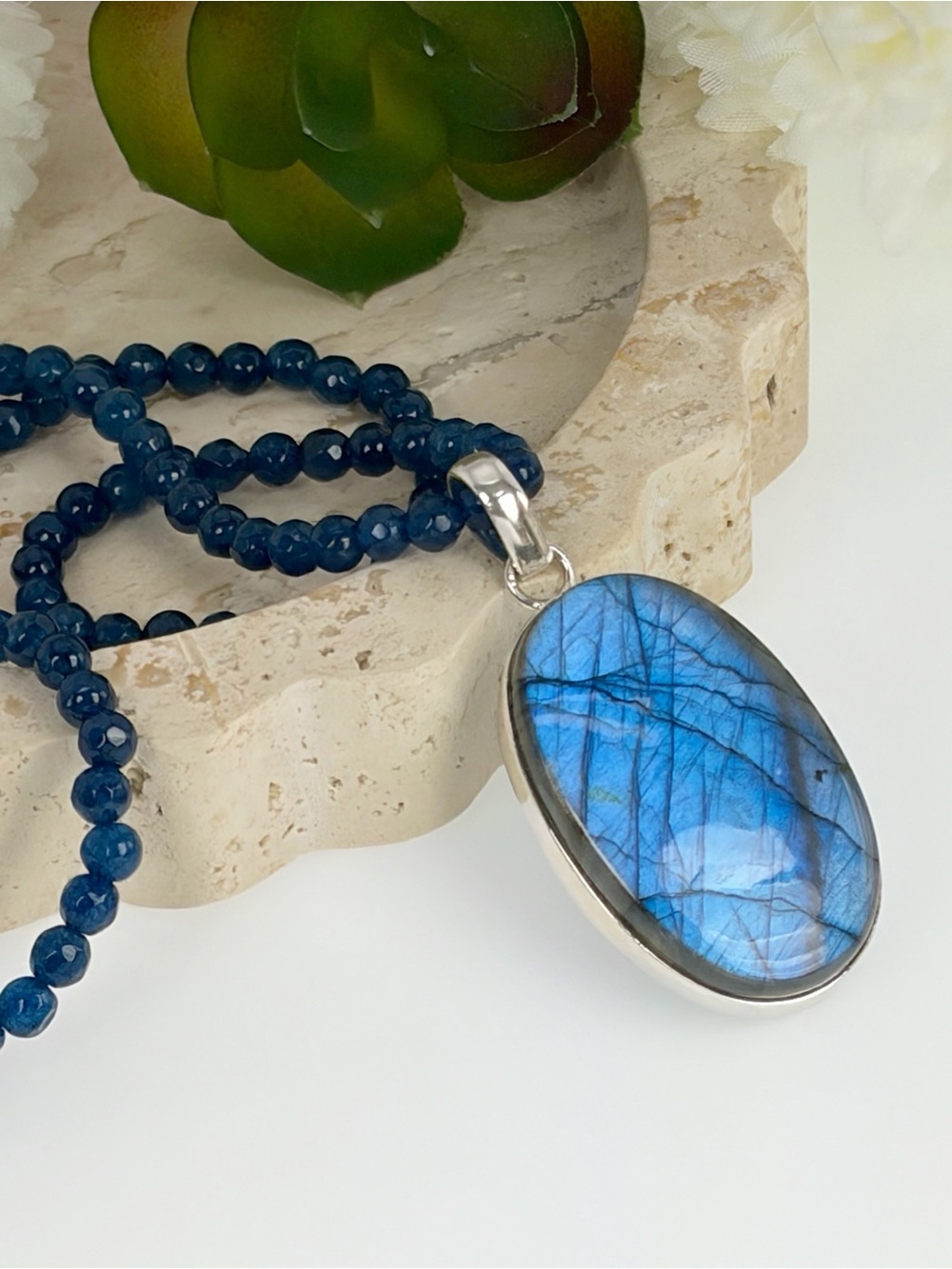 Pure Sterling Silver 925 Blue Labradorite Pendant Kyanite Necklace Oval Handmade